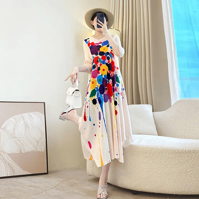 LANMREM Apricot Irregular Printting Chic Women's Pleated Dress V Collar Elastic Casual Three Quarter Sleeve Dlothing 2DB3922