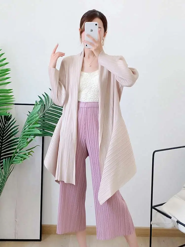 LANMREM Pleated Trench Coat Cardigan 2025 Spring Thin Windbreaker Long Sleeve Irregular Loose Mid-length Coats Elegant 2R4617