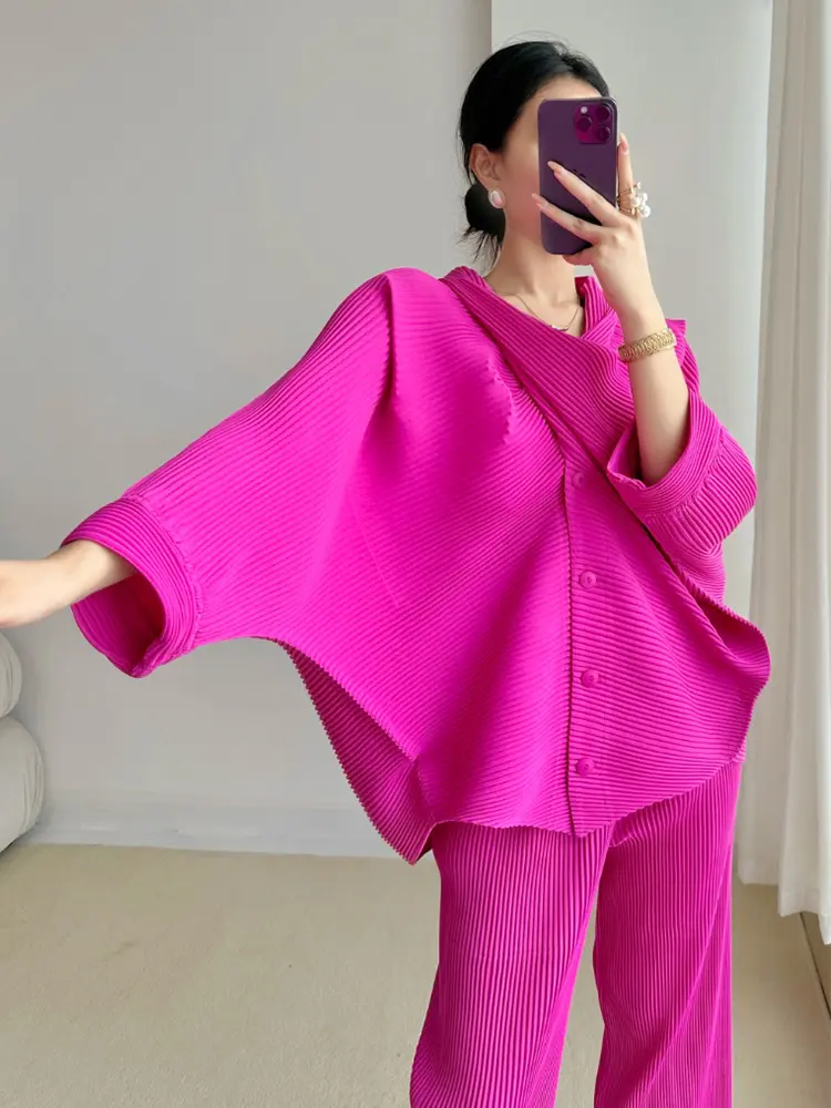 LANMREM 2 Pieces Pleated Pants Sets Women Irregular Loose Blouse With Wide Leg Trousers Female Elegant Clothing 2025 New 2DB1610