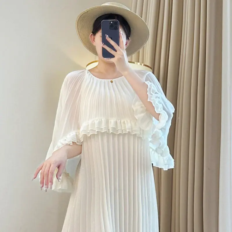 LANMREM Shawl Patchwork Design Summer Dress For Women Chic New Beach Vacation Style Elastic Loose Pleated Dresses Trendy 2DB3875