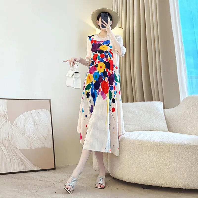 LANMREM Apricot Irregular Printting Chic Women's Pleated Dress V Collar Elastic Casual Three Quarter Sleeve Dlothing 2DB3922