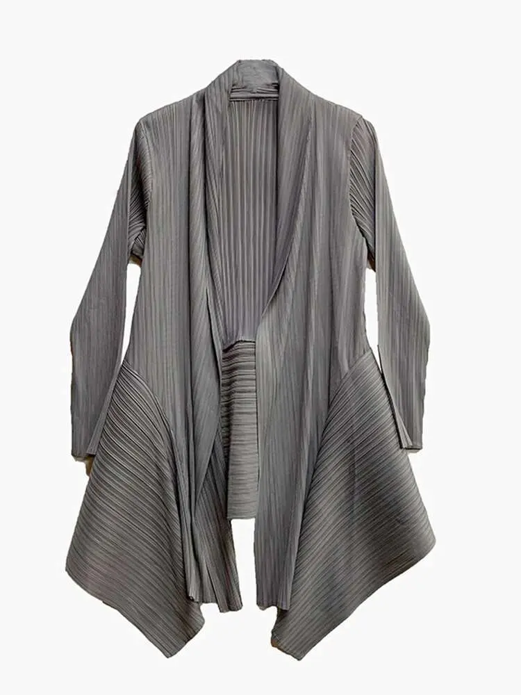 LANMREM Pleated Trench Coat Cardigan 2025 Spring Thin Windbreaker Long Sleeve Irregular Loose Mid-length Coats Elegant 2R4617