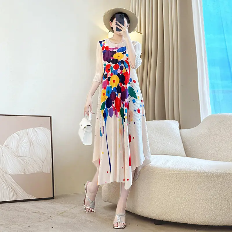 LANMREM Apricot Irregular Printting Chic Women's Pleated Dress V Collar Elastic Casual Three Quarter Sleeve Dlothing 2DB3922