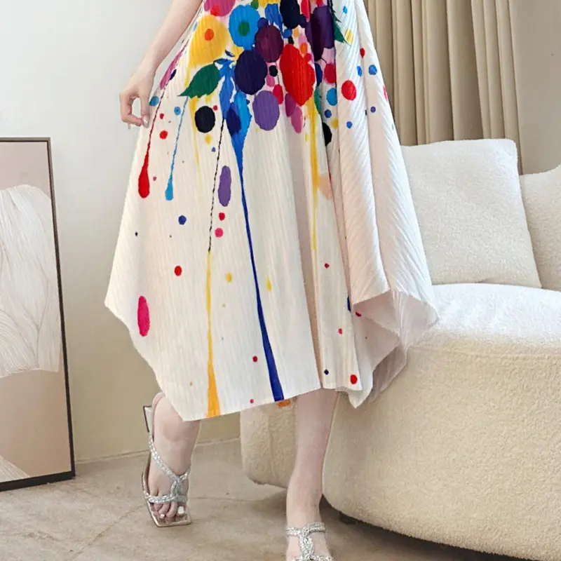 LANMREM Apricot Irregular Printting Chic Women's Pleated Dress V Collar Elastic Casual Three Quarter Sleeve Dlothing 2DB3922