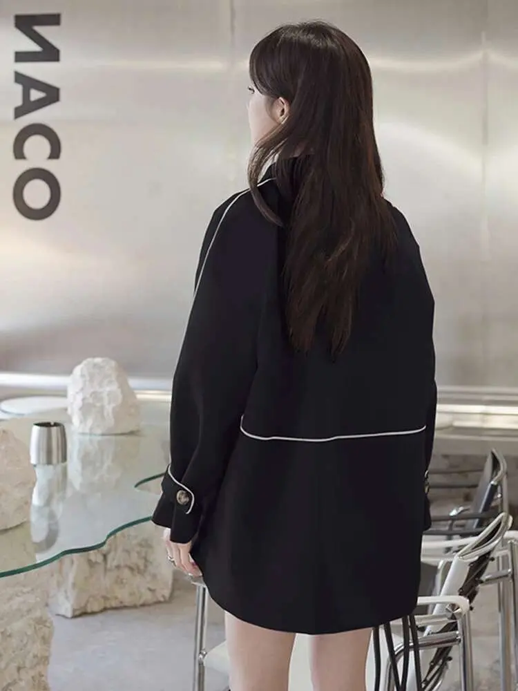 LANMREM Office Lady Blazer Women's Notched Long Sleeves Double Breasted Contrast Color Coat 2025 Spring New Clothing 2Z2364