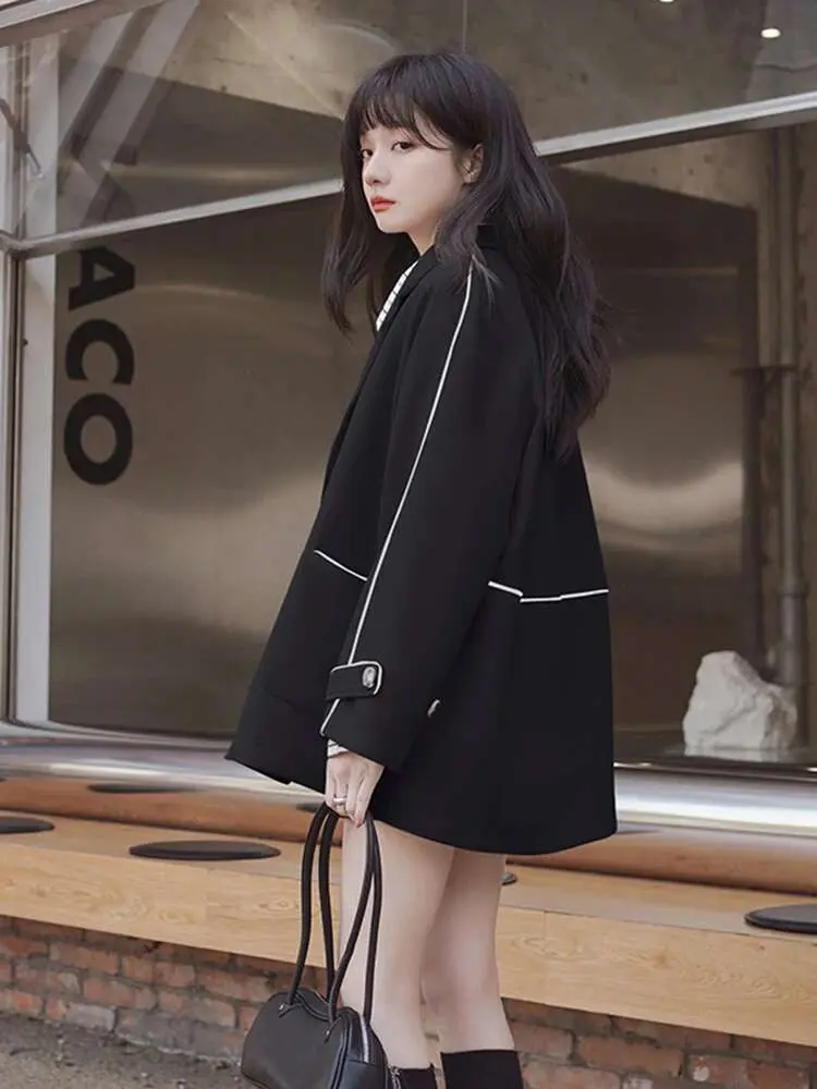 LANMREM Office Lady Blazer Women's Notched Long Sleeves Double Breasted Contrast Color Coat 2025 Spring New Clothing 2Z2364