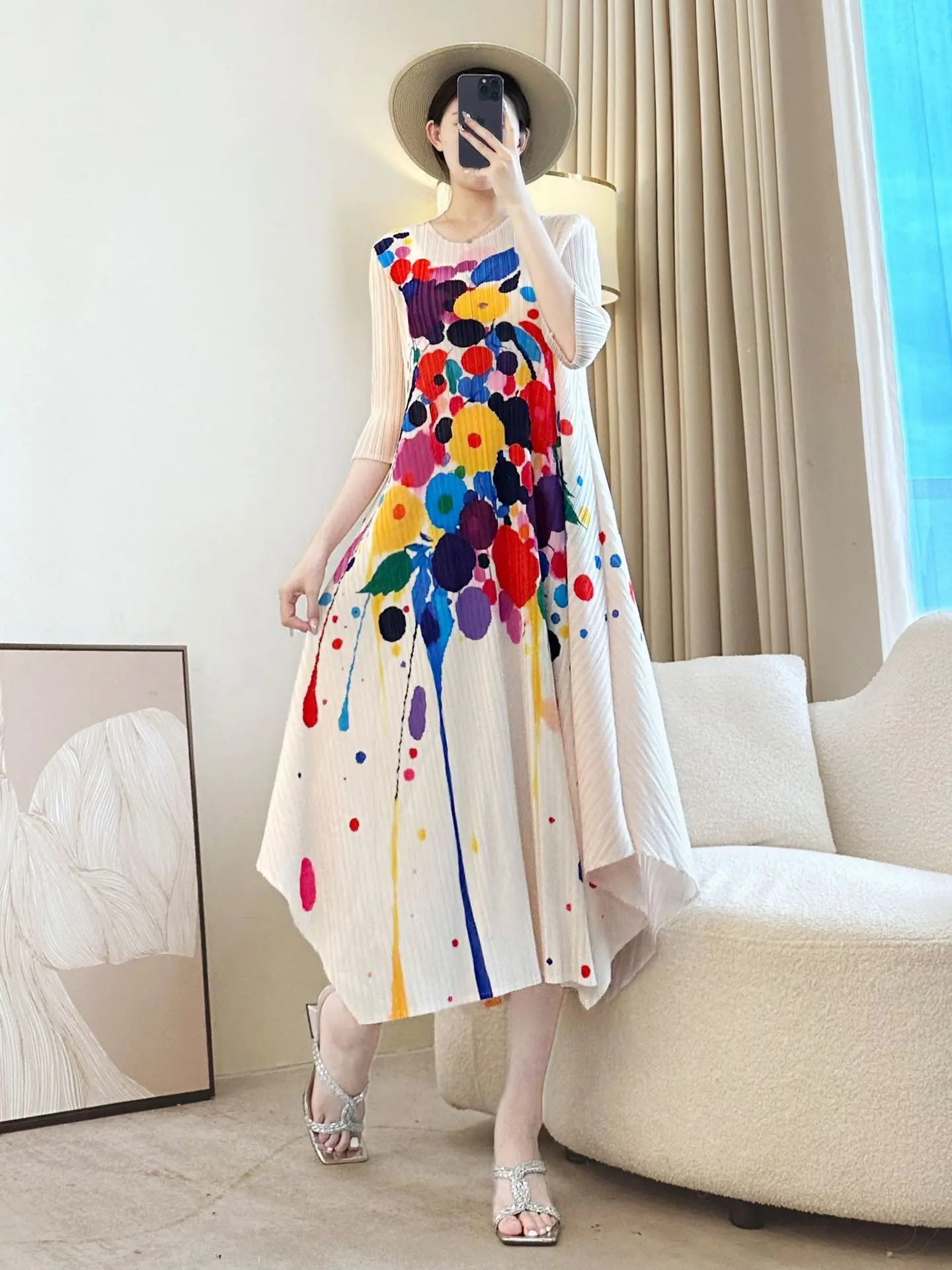 LANMREM Apricot Irregular Printting Chic Women's Pleated Dress V Collar Elastic Casual Three Quarter Sleeve Dlothing 2DB3922