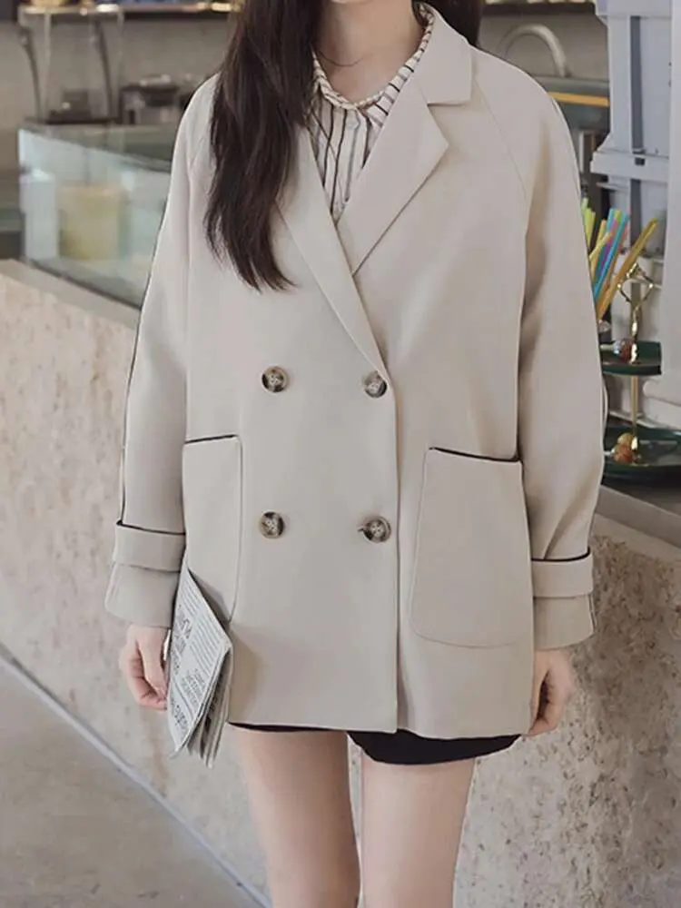 LANMREM Office Lady Blazer Women's Notched Long Sleeves Double Breasted Contrast Color Coat 2025 Spring New Clothing 2Z2364