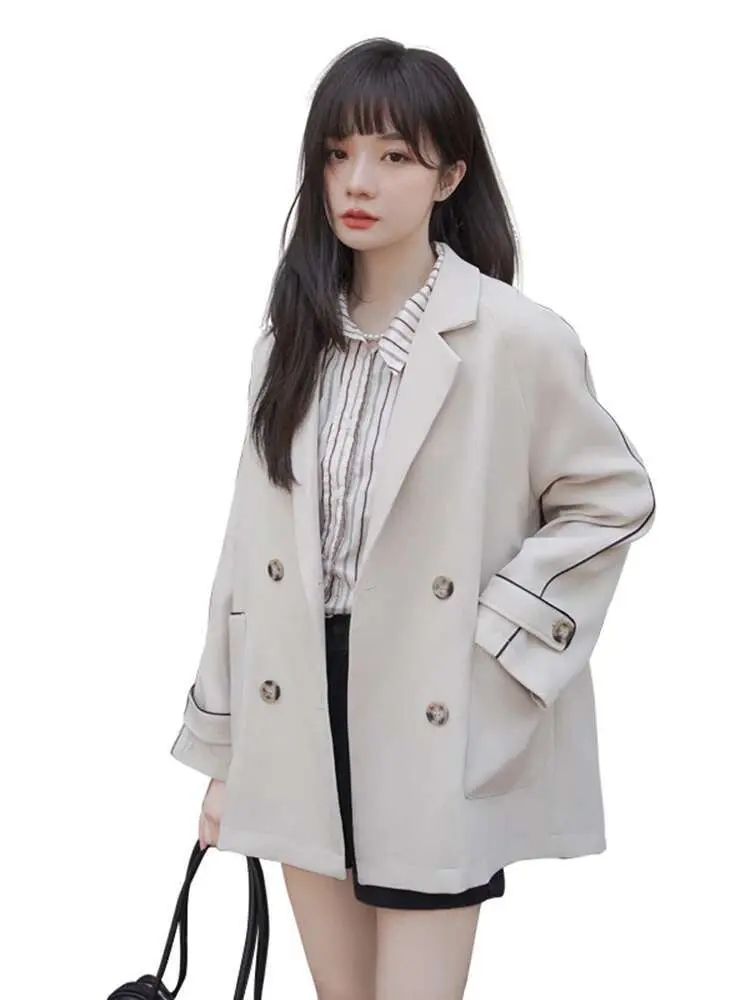 LANMREM Office Lady Blazer Women's Notched Long Sleeves Double Breasted Contrast Color Coat 2025 Spring New Clothing 2Z2364