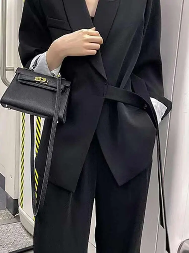 LANMREM Black Grey Beige Bandage Design Two Pieces Suit Set Women's 2025 New Loose Causal Korean Chic Blazer And Wide Leg Pants