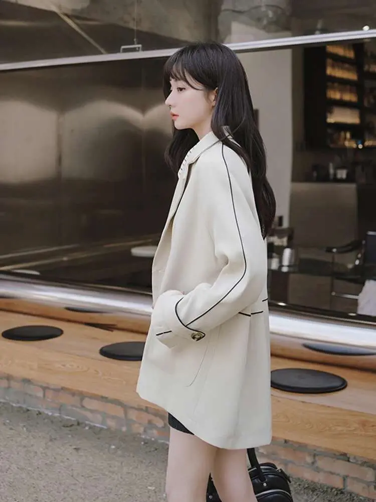 LANMREM Office Lady Blazer Women's Notched Long Sleeves Double Breasted Contrast Color Coat 2025 Spring New Clothing 2Z2364