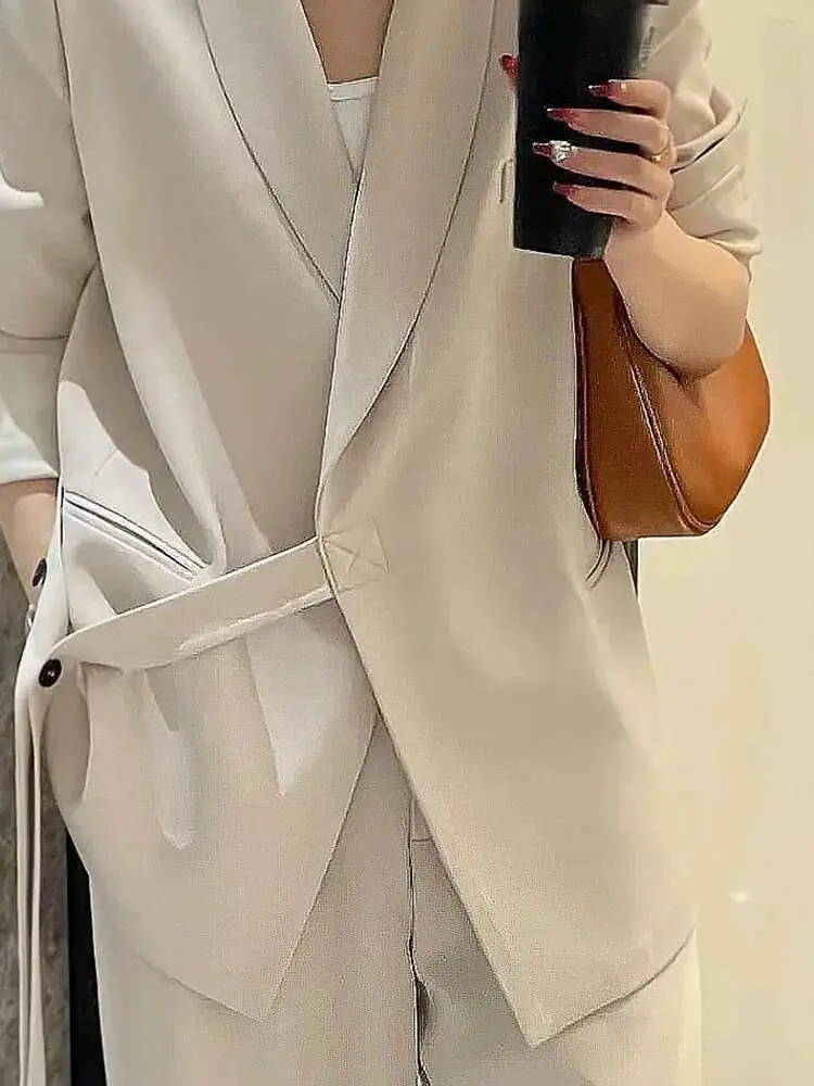 LANMREM Black Grey Beige Bandage Design Two Pieces Suit Set Women's 2025 New Loose Causal Korean Chic Blazer And Wide Leg Pants