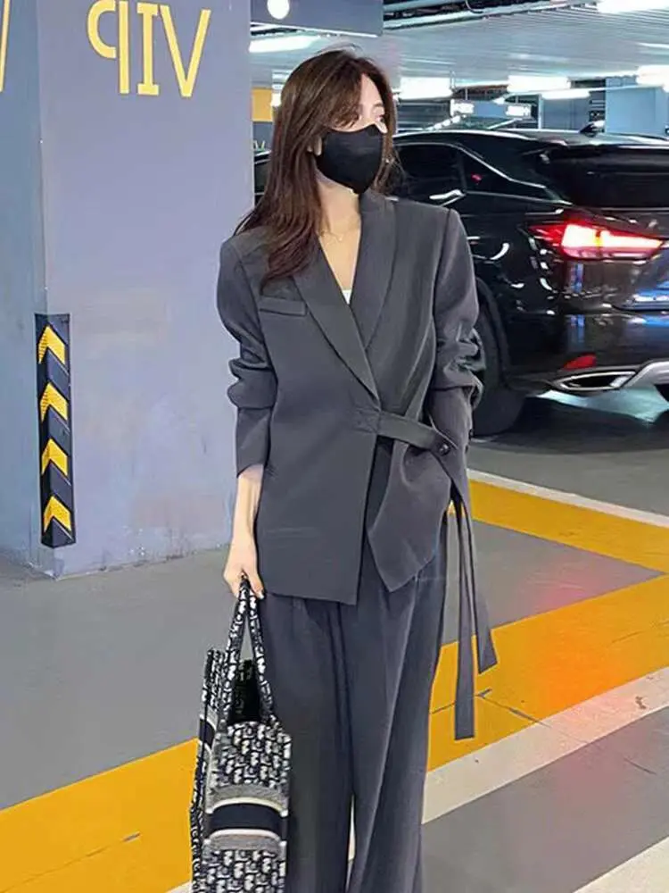 LANMREM Black Grey Beige Bandage Design Two Pieces Suit Set Women's 2025 New Loose Causal Korean Chic Blazer And Wide Leg Pants