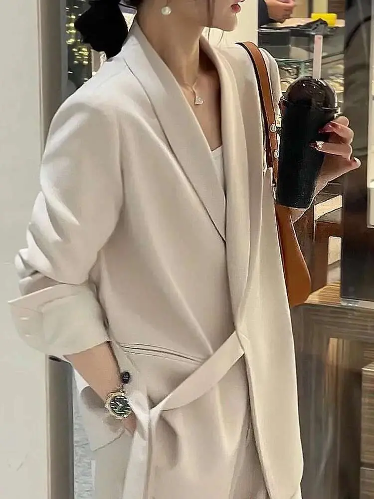 LANMREM Black Grey Beige Bandage Design Two Pieces Suit Set Women's 2025 New Loose Causal Korean Chic Blazer And Wide Leg Pants