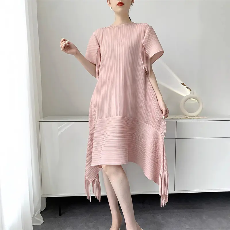 LANMREM Yellow 2025 Summer Pleated Dress For Women Tassels Patchwork Design Loose Short Sleeve  Mid-Length Dresses Chic 2DB3802