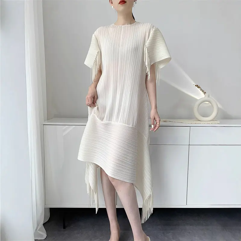 LANMREM Yellow 2025 Summer Pleated Dress For Women Tassels Patchwork Design Loose Short Sleeve  Mid-Length Dresses Chic 2DB3802