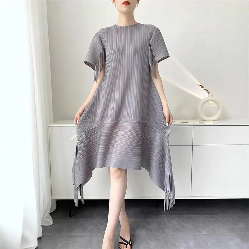 LANMREM Yellow 2025 Summer Pleated Dress For Women Tassels Patchwork Design Loose Short Sleeve  Mid-Length Dresses Chic 2DB3802
