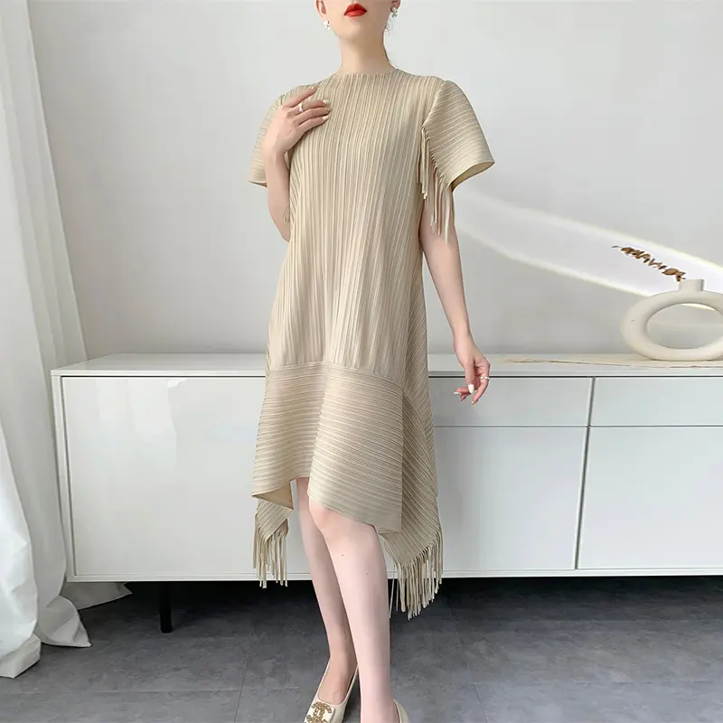 LANMREM Yellow 2025 Summer Pleated Dress For Women Tassels Patchwork Design Loose Short Sleeve  Mid-Length Dresses Chic 2DB3802
