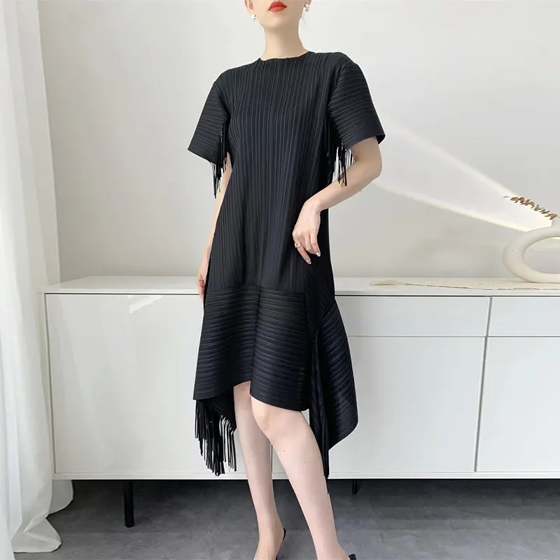 LANMREM Yellow 2025 Summer Pleated Dress For Women Tassels Patchwork Design Loose Short Sleeve  Mid-Length Dresses Chic 2DB3802