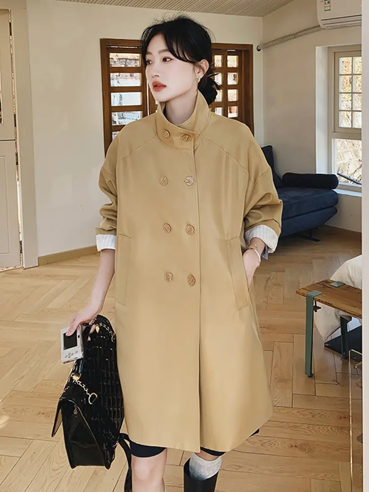 LANMREM Khaki Splicing Medium Length Windbreaker Jacket Women's 2025 New Loose British Style Double Breasted Trench Coat 2DB2787