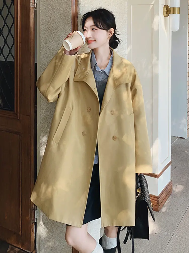 LANMREM Khaki Splicing Medium Length Windbreaker Jacket Women's 2025 New Loose British Style Double Breasted Trench Coat 2DB2787