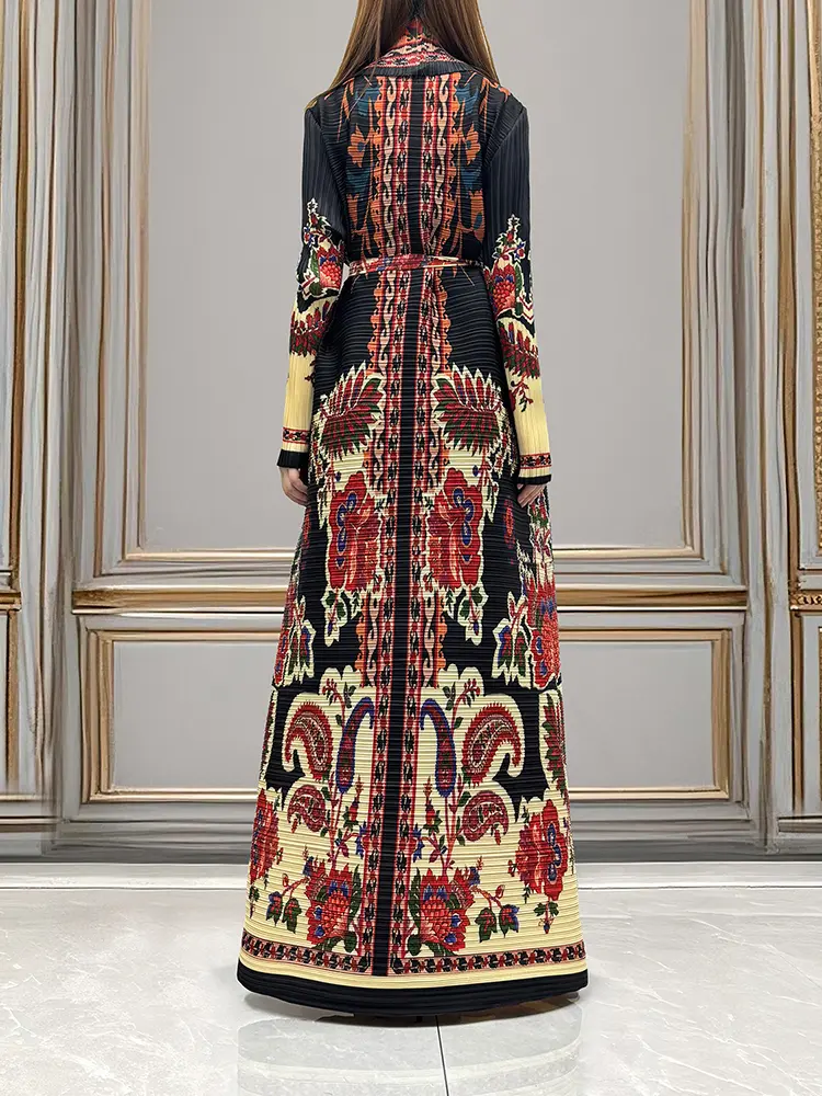 LANMREM Chic Loose Casual Long Robe Women's Long Coat 2025 New Print Lace Up High-end Pleated Cardigan Lightweight Clothi2DB3536