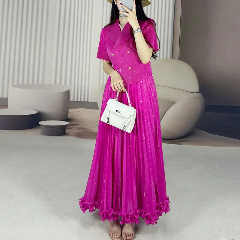 LANMREM Apricot Suit Collar Office Style Pleated Women's Dress Summer 2025 New Elastic Slim Fashion Short Sleeve Dresses 2DB3662