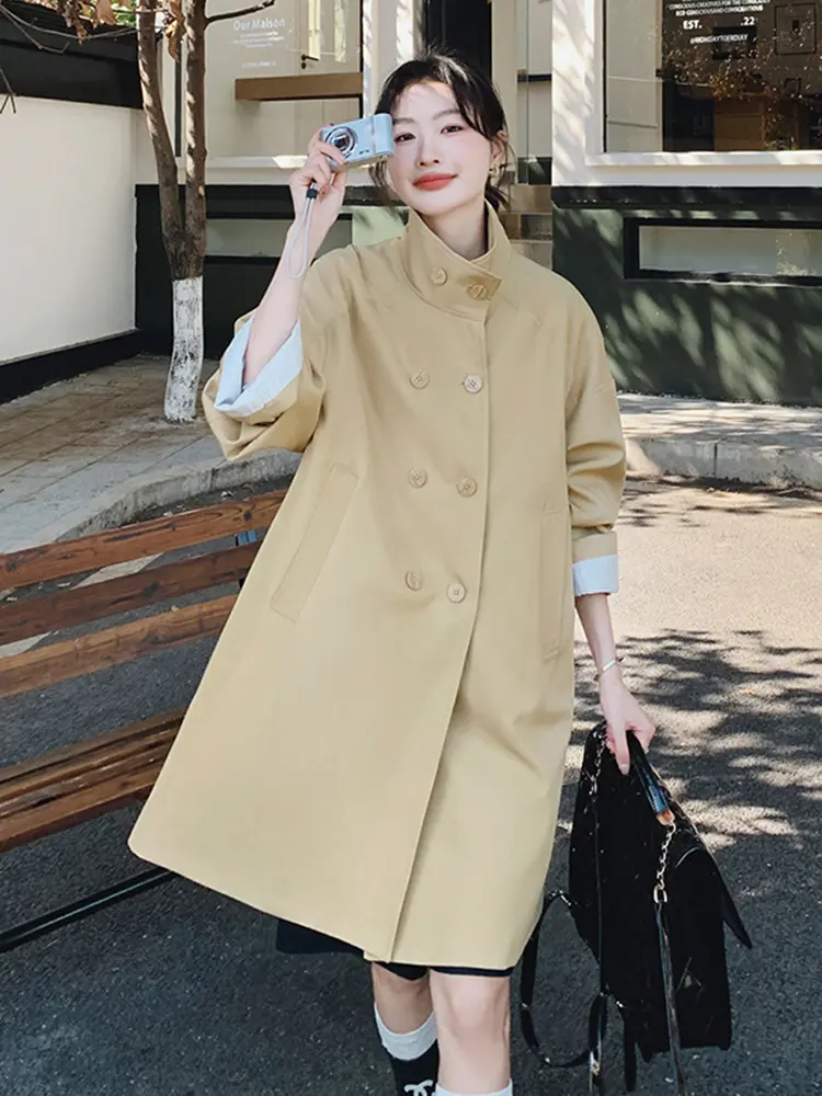 LANMREM Khaki Splicing Medium Length Windbreaker Jacket Women's 2025 New Loose British Style Double Breasted Trench Coat 2DB2787