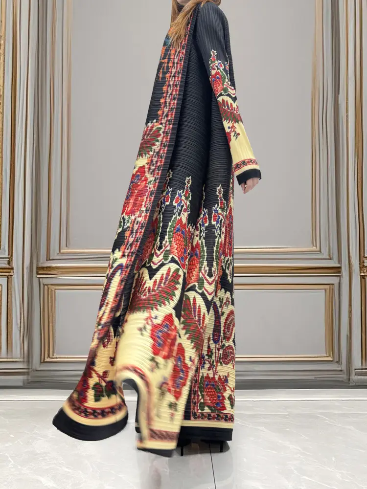 LANMREM Chic Loose Casual Long Robe Women's Long Coat 2025 New Print Lace Up High-end Pleated Cardigan Lightweight Clothi2DB3536