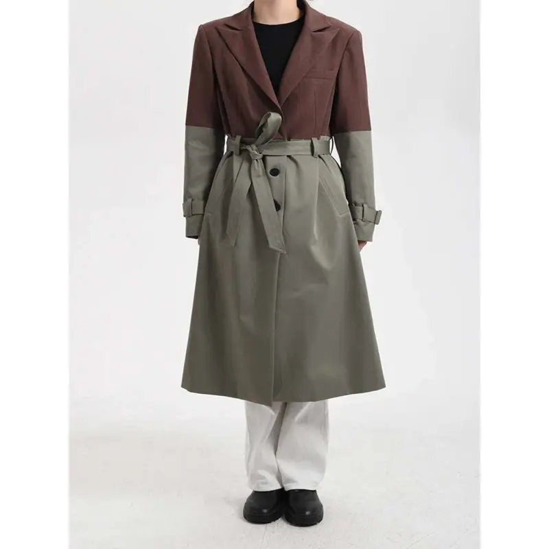 LANMREM Colorblock Spliced Design Women's Trench Coat Loose Single Breasted Koraen Chic Windbreaker With Belt 2025 New 26D8105