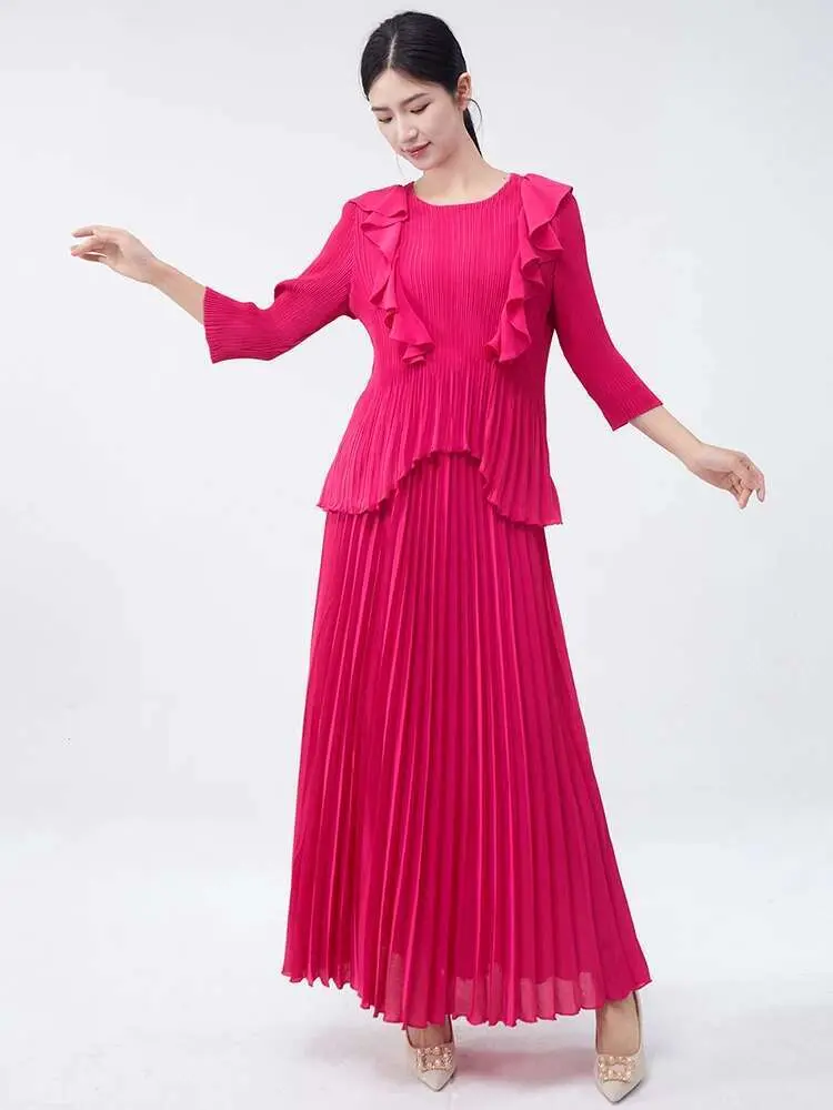 LANMREM Pleated Two Pieces Set O-neck Long Sleeves Irregular Ruffles Tops + Elastic Waist Long Skirt 2025 Spring Fashion 2DC1160