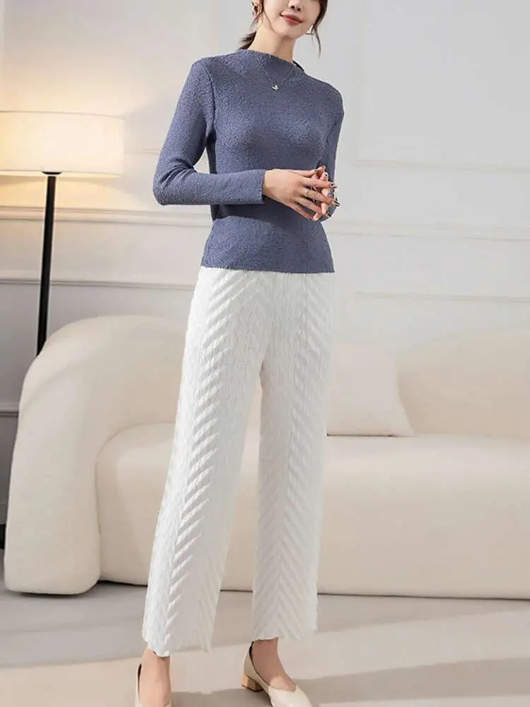 LANMREM Wide Leg Pleated Pants For Women Elastic Waist Solid Color Long Trousers Female Elegant Clothing 2025 Spring New 2R7924