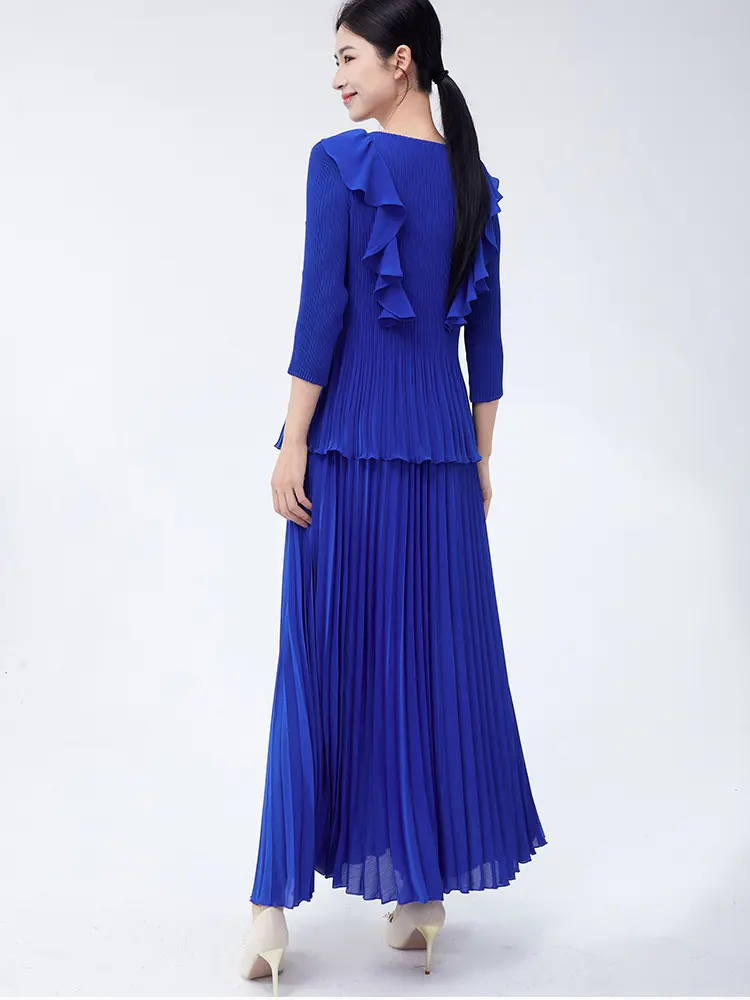 LANMREM Pleated Two Pieces Set O-neck Long Sleeves Irregular Ruffles Tops + Elastic Waist Long Skirt 2025 Spring Fashion 2DC1160
