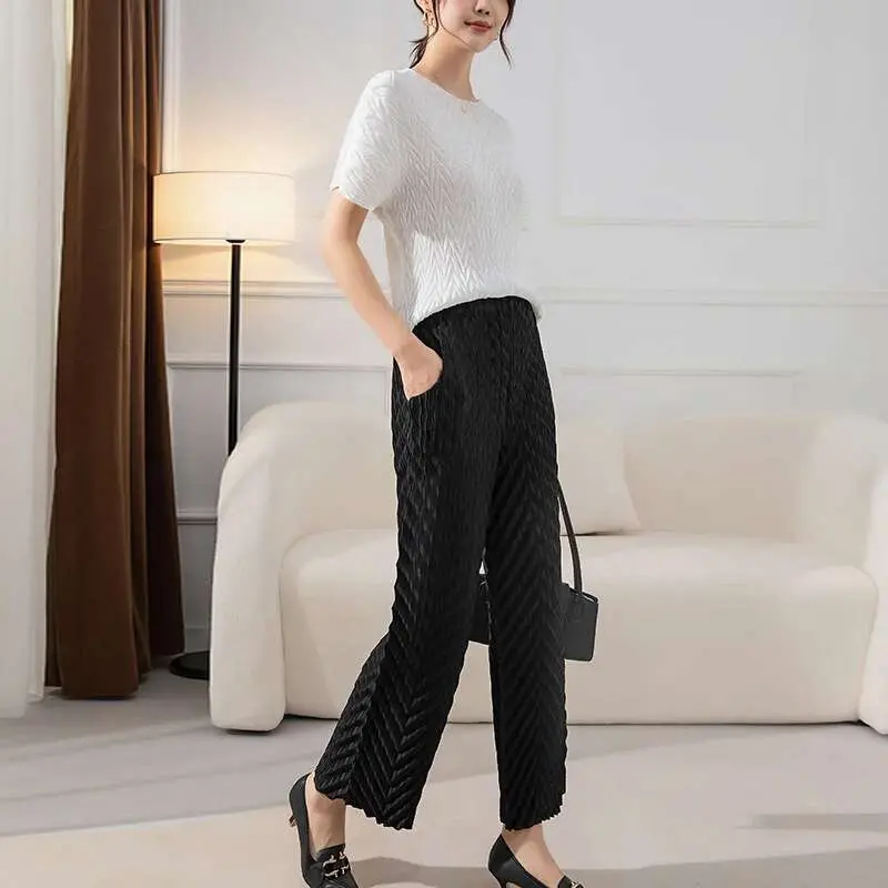 LANMREM Wide Leg Pleated Pants For Women Elastic Waist Solid Color Long Trousers Female Elegant Clothing 2025 Spring New 2R7924