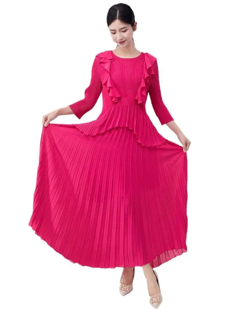 LANMREM Pleated Two Pieces Set O-neck Long Sleeves Irregular Ruffles Tops + Elastic Waist Long Skirt 2025 Spring Fashion 2DC1160