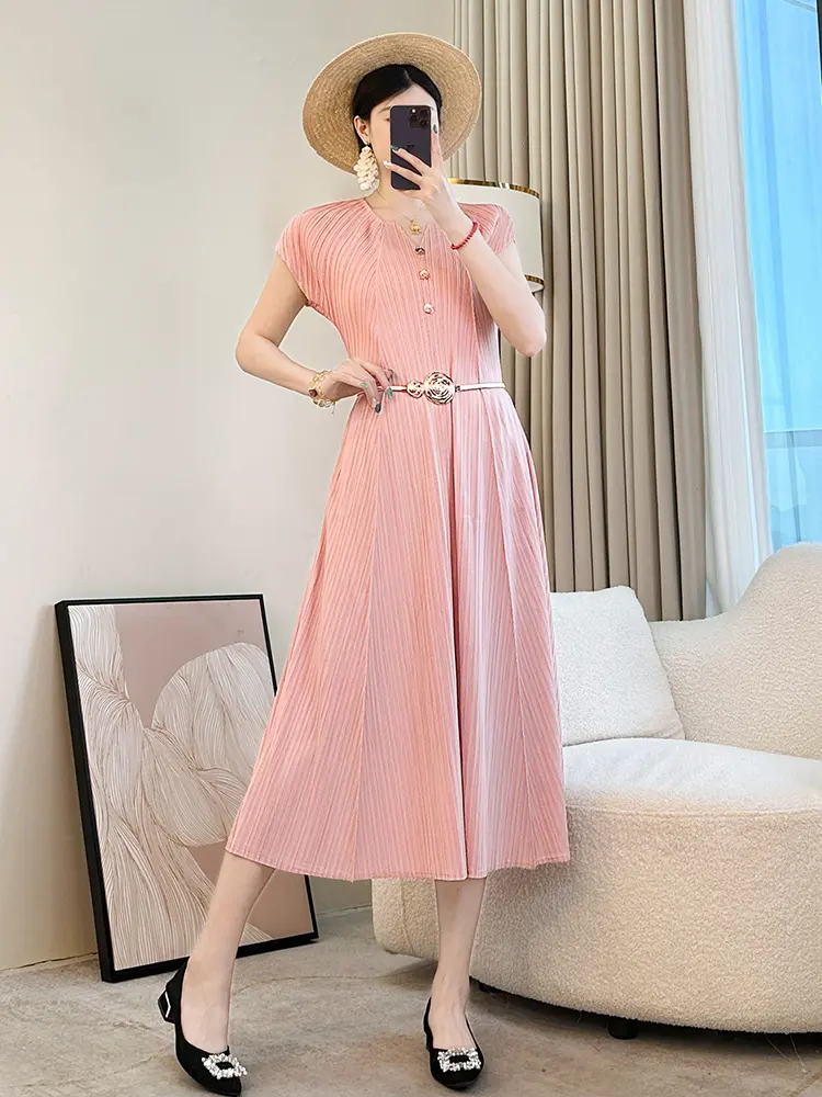 LANMREM Summer Short Sleeve Pleated Dress For Women 2025 Bew Button Decoration Spliced Design Black A-line Dresses Chic 2DB2995