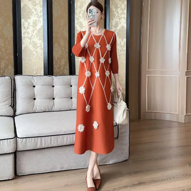 LANMREM High-end Pleated Women's Dress Fashion Elegant Elastic Loose Three-dimensional Flower Patchwork Desin Dresses 2DB4172