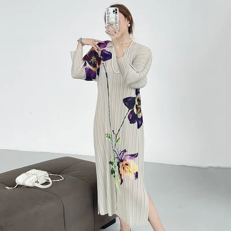 LANMREM Elastic Folded Oil Painting Print Elegant Pleated Women's Dress Chic New Side Vent Design Long Sleeve Dresses 2DB3642