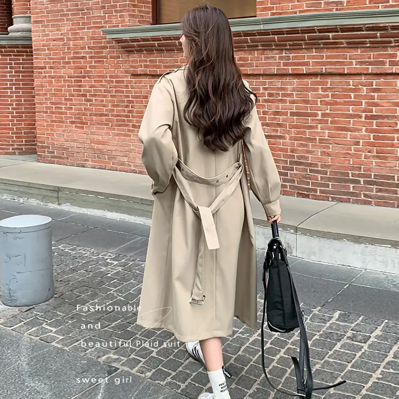 LANMREM Khaki Mid-Length Trench Coat for Women 2025 Spring Autumn New Korean Style Loose High-End British Style Elegant Coat