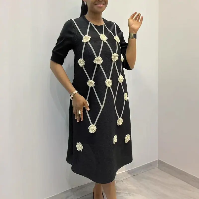 LANMREM High-end Pleated Women's Dress Fashion Elegant Elastic Loose Three-dimensional Flower Patchwork Desin Dresses 2DB4172