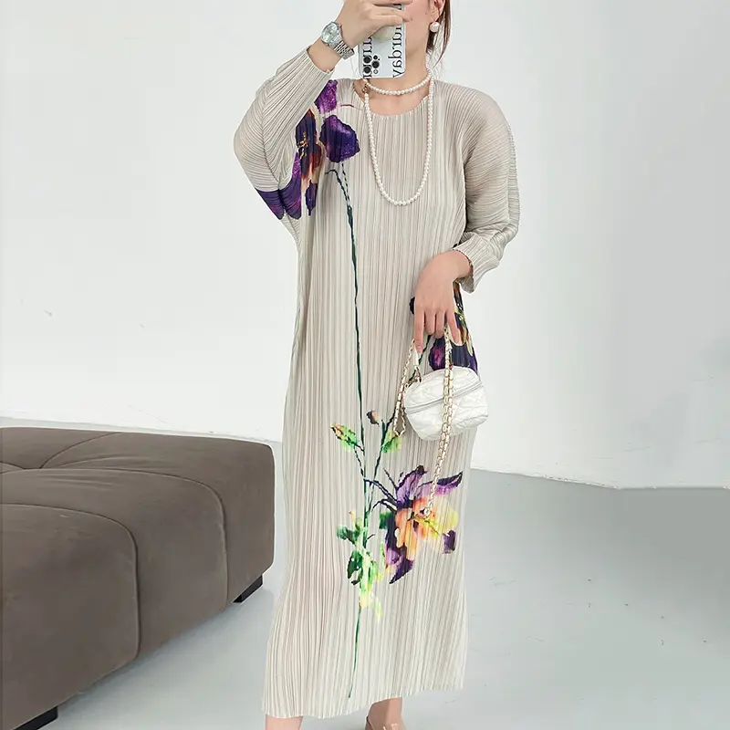LANMREM Elastic Folded Oil Painting Print Elegant Pleated Women's Dress Chic New Side Vent Design Long Sleeve Dresses 2DB3642