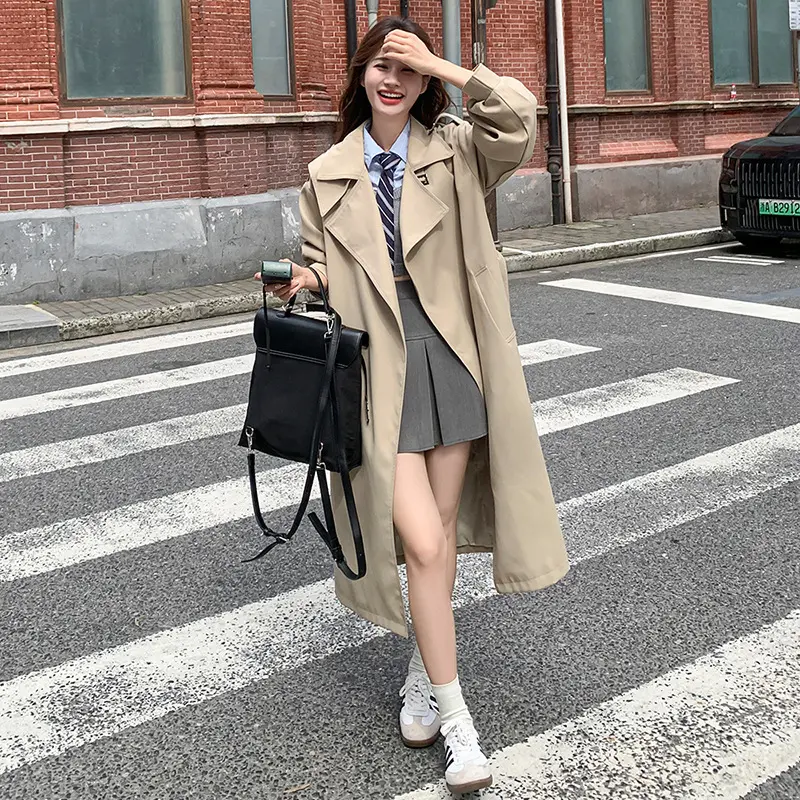 LANMREM Khaki Mid-Length Trench Coat for Women 2025 Spring Autumn New Korean Style Loose High-End British Style Elegant Coat
