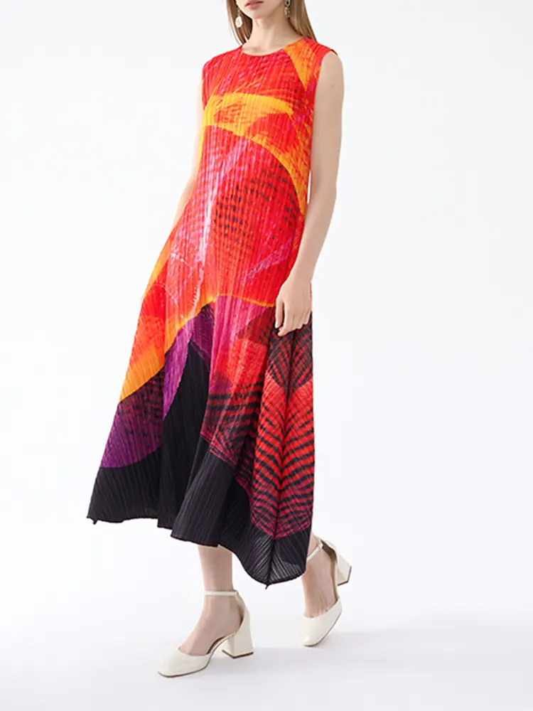 LANMREM Pleated Long Print Dress For Women Round Neck Sleeveless Large Swing Color Block Fashion Dresses 2025 Summer New 2DM1098