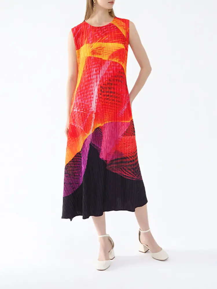 LANMREM Pleated Long Print Dress For Women Round Neck Sleeveless Large Swing Color Block Fashion Dresses 2025 Summer New 2DM1098