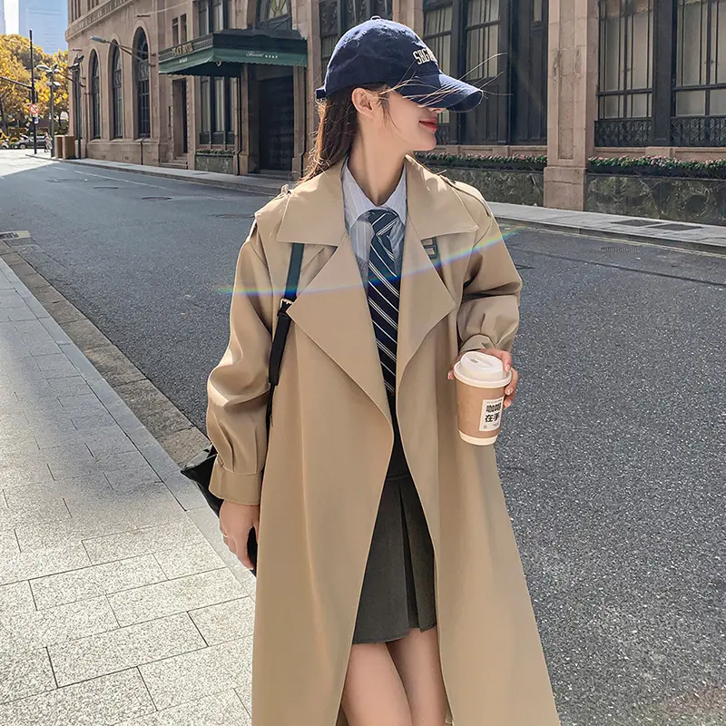 LANMREM Khaki Mid-Length Trench Coat for Women 2025 Spring Autumn New Korean Style Loose High-End British Style Elegant Coat