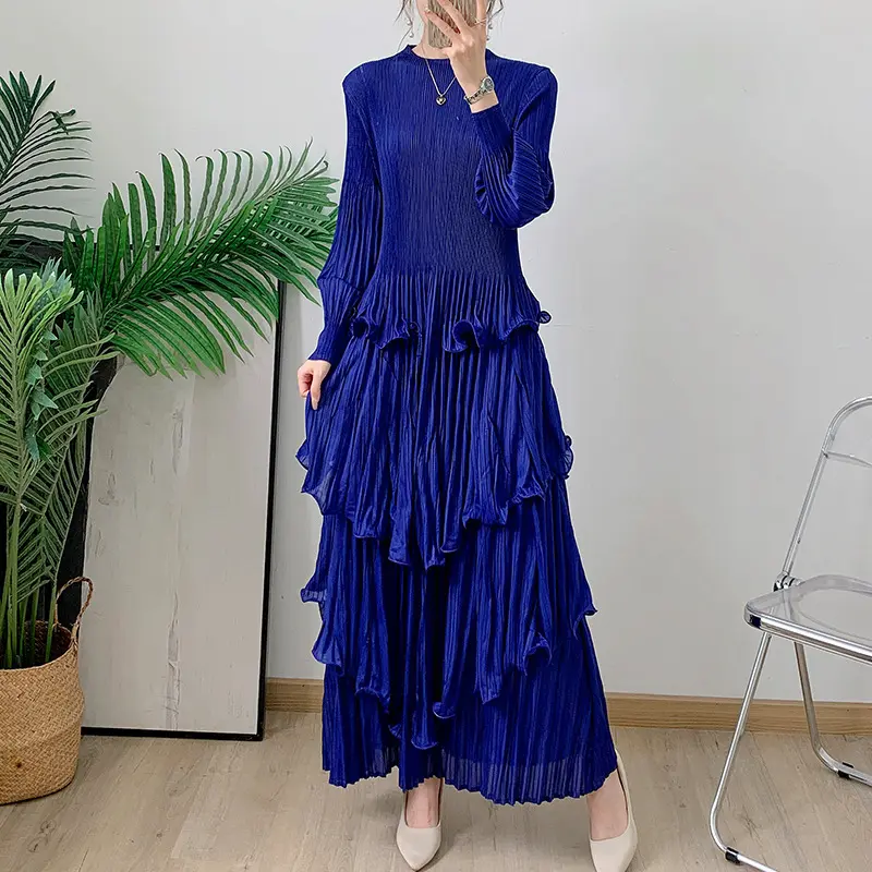 LANMREM Royal Blue Pleated French Women's Dress 2025 Chic New Ruffled Irregular High-End Tie Design Long Sleeve Clothing 2DB3939