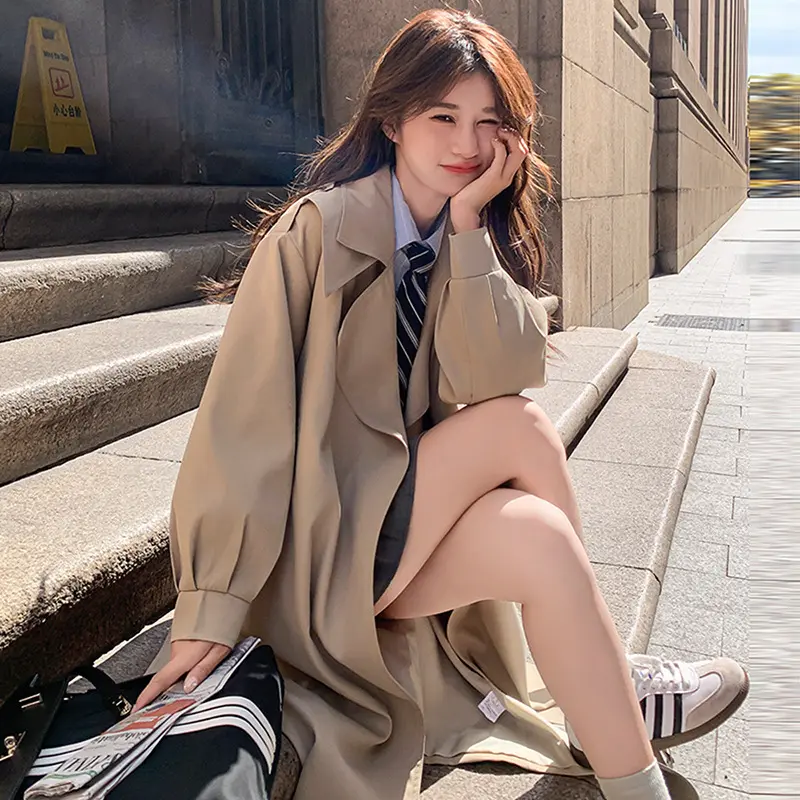 LANMREM Khaki Mid-Length Trench Coat for Women 2025 Spring Autumn New Korean Style Loose High-End British Style Elegant Coat