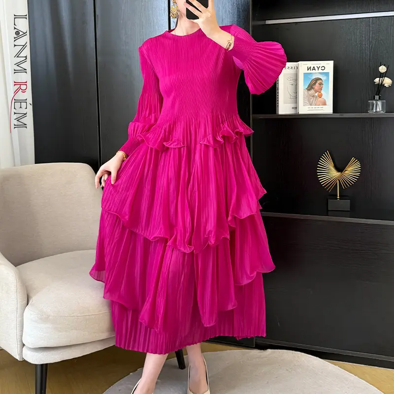 LANMREM Royal Blue Pleated French Women's Dress 2025 Chic New Ruffled Irregular High-End Tie Design Long Sleeve Clothing 2DB3939