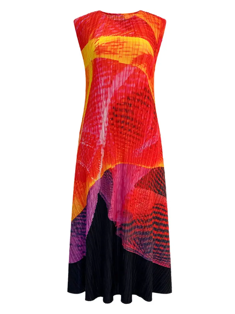 LANMREM Pleated Long Print Dress For Women Round Neck Sleeveless Large Swing Color Block Fashion Dresses 2025 Summer New 2DM1098