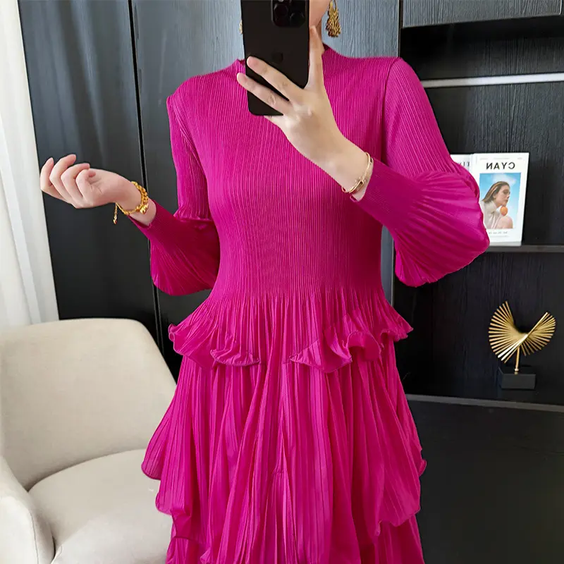 LANMREM Royal Blue Pleated French Women's Dress 2025 Chic New Ruffled Irregular High-End Tie Design Long Sleeve Clothing 2DB3939